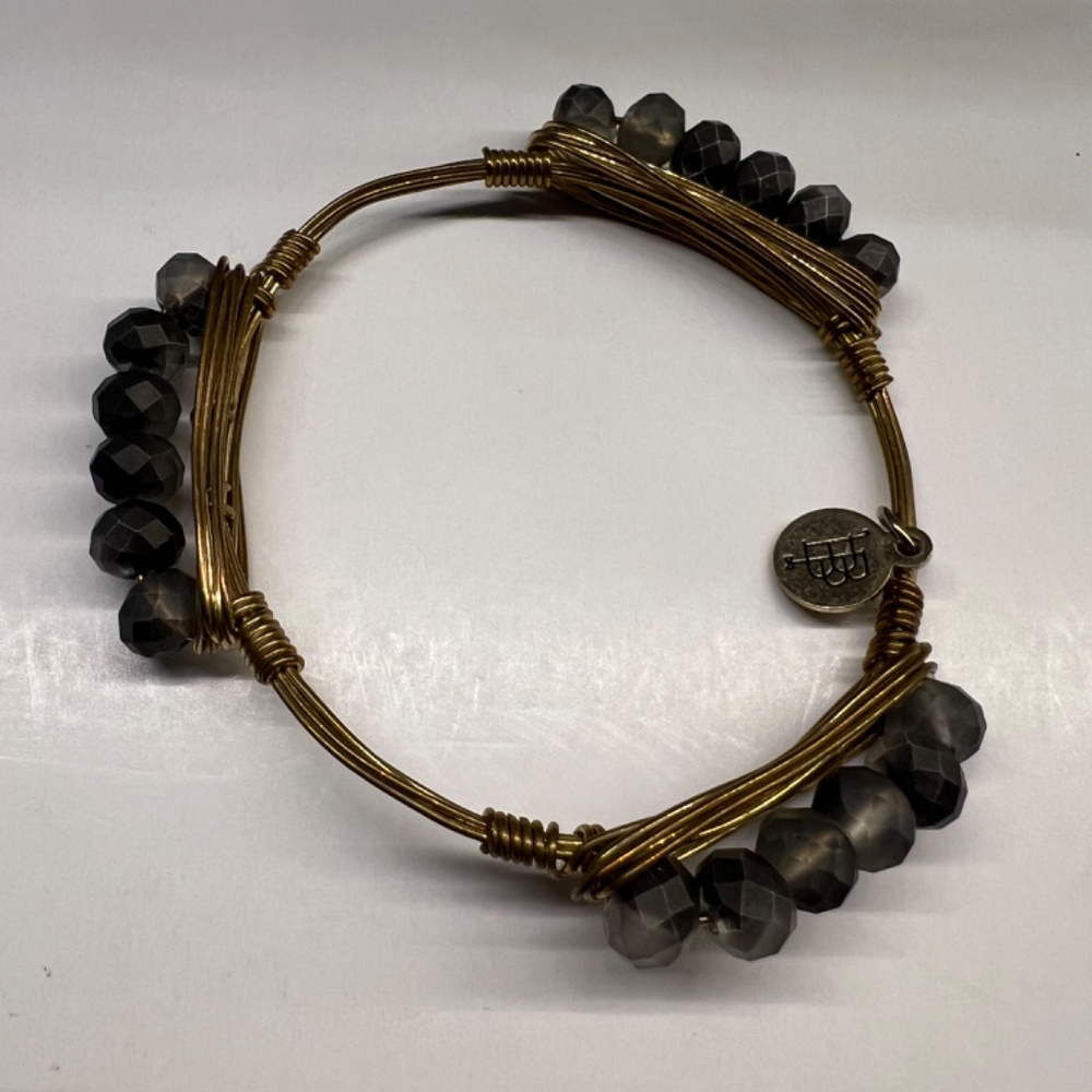 BOURBON & BOWTIES gold tone bracelet bangle petite faceted Gray  beads j…